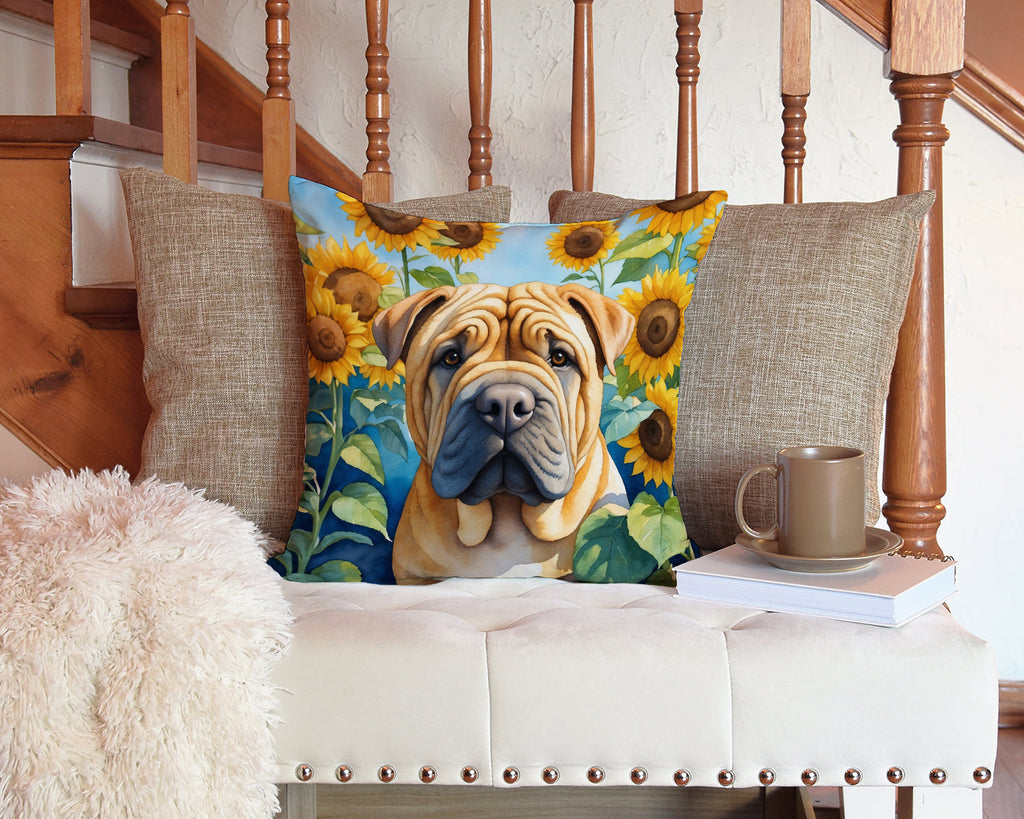 Shar Pei in Sunflowers Decorative Throw Pillow 14x14 Indoor Outdoor Accent Cushion, Fabric Cover with Insert for Sofa, Bed, Porch & Living Room