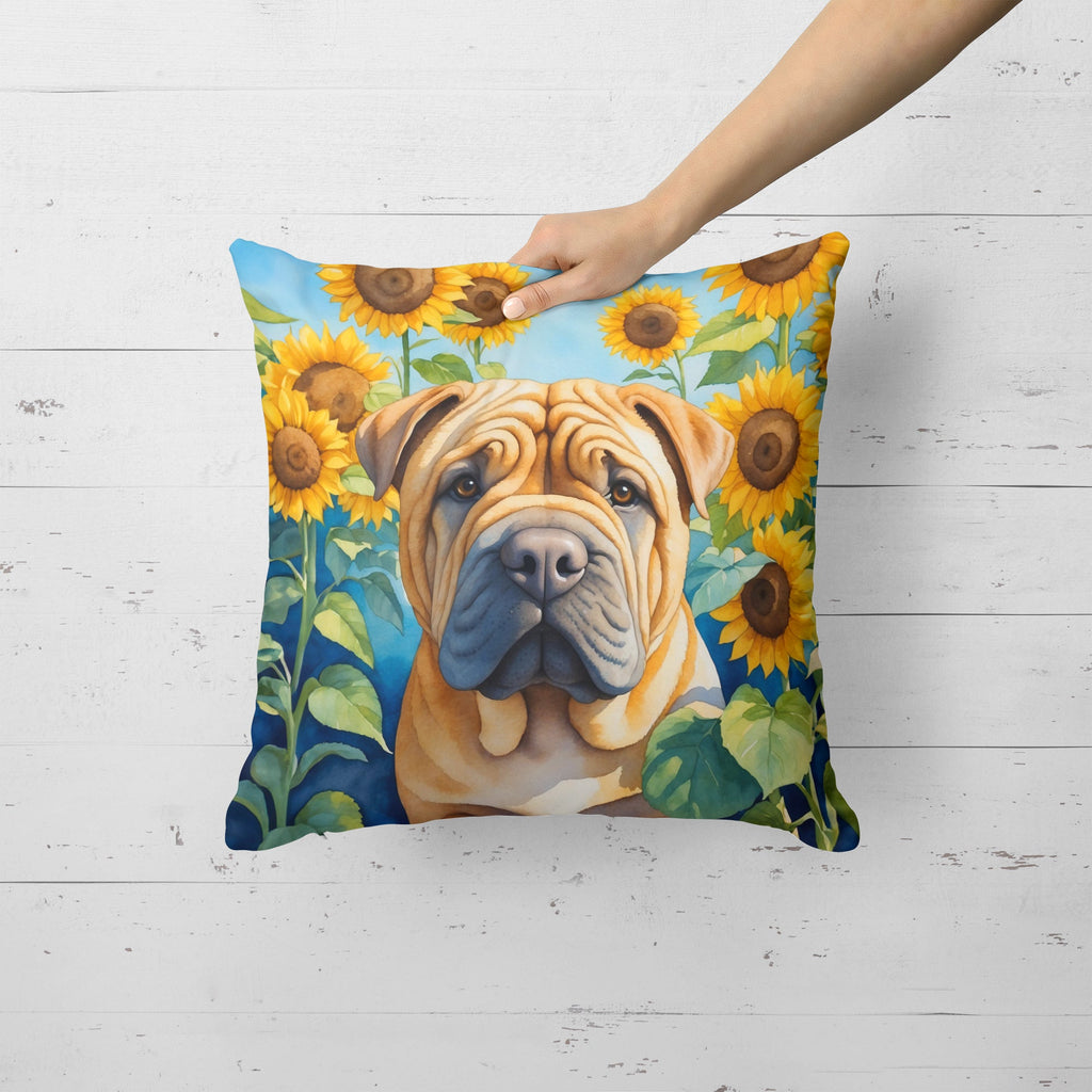 Shar Pei in Sunflowers Decorative Throw Pillow 18x18 Indoor Outdoor Accent Cushion, Fabric Cover with Insert for Sofa, Bed, Porch & Living Room