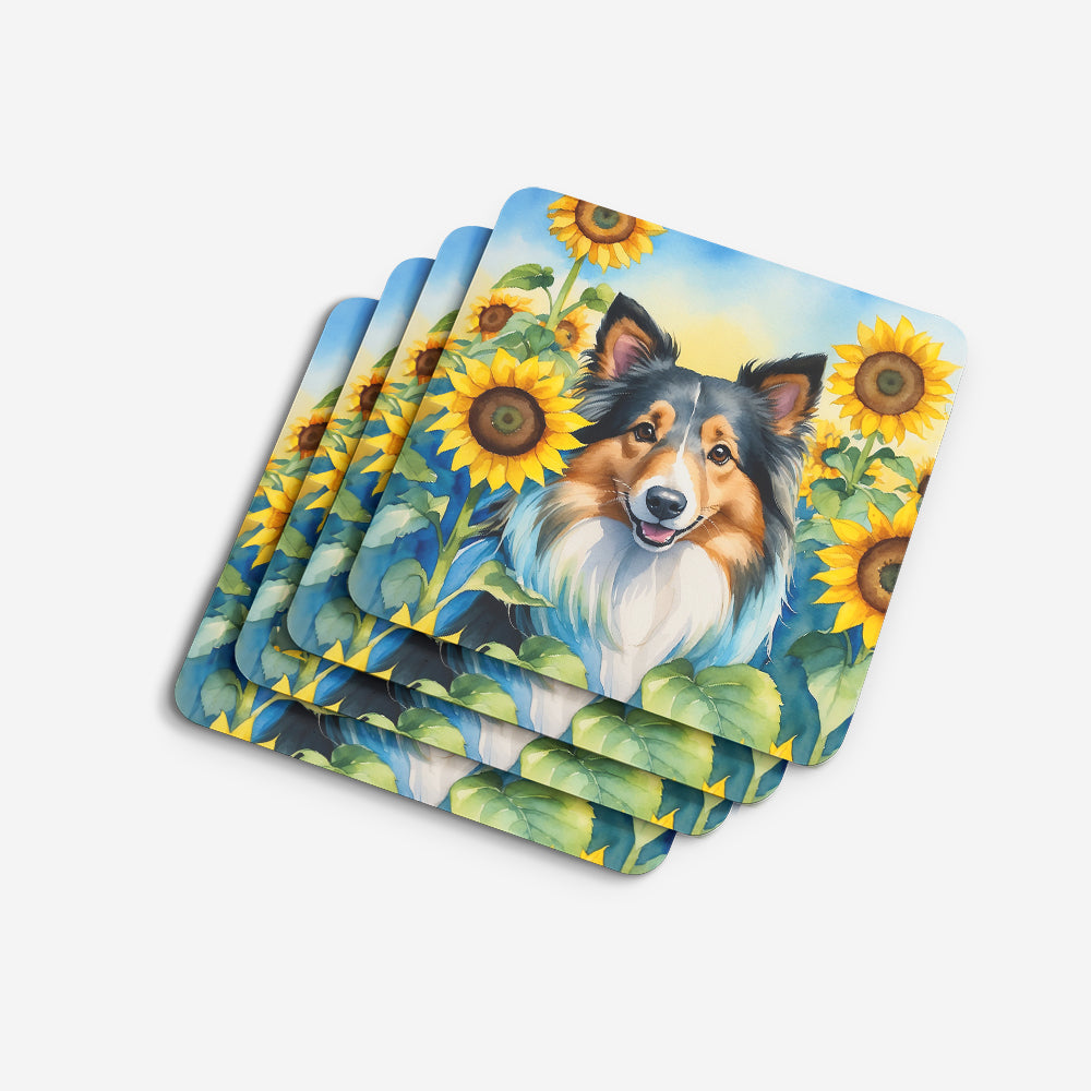 Sheltie in Sunflowers Foam Coasters Set of 4 Cup Coasters for Indoor Outdoor, Tabletop Protection, Anti Slip, Mouse pad Material
