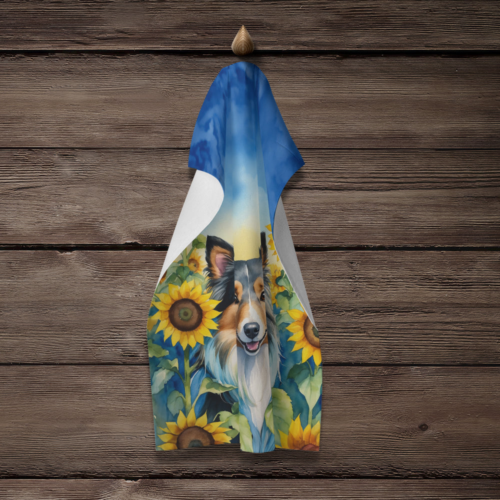 Sheltie in Sunflowers Kitchen Towel Velour Plush Front and Cotton Loop Back Machine Washable