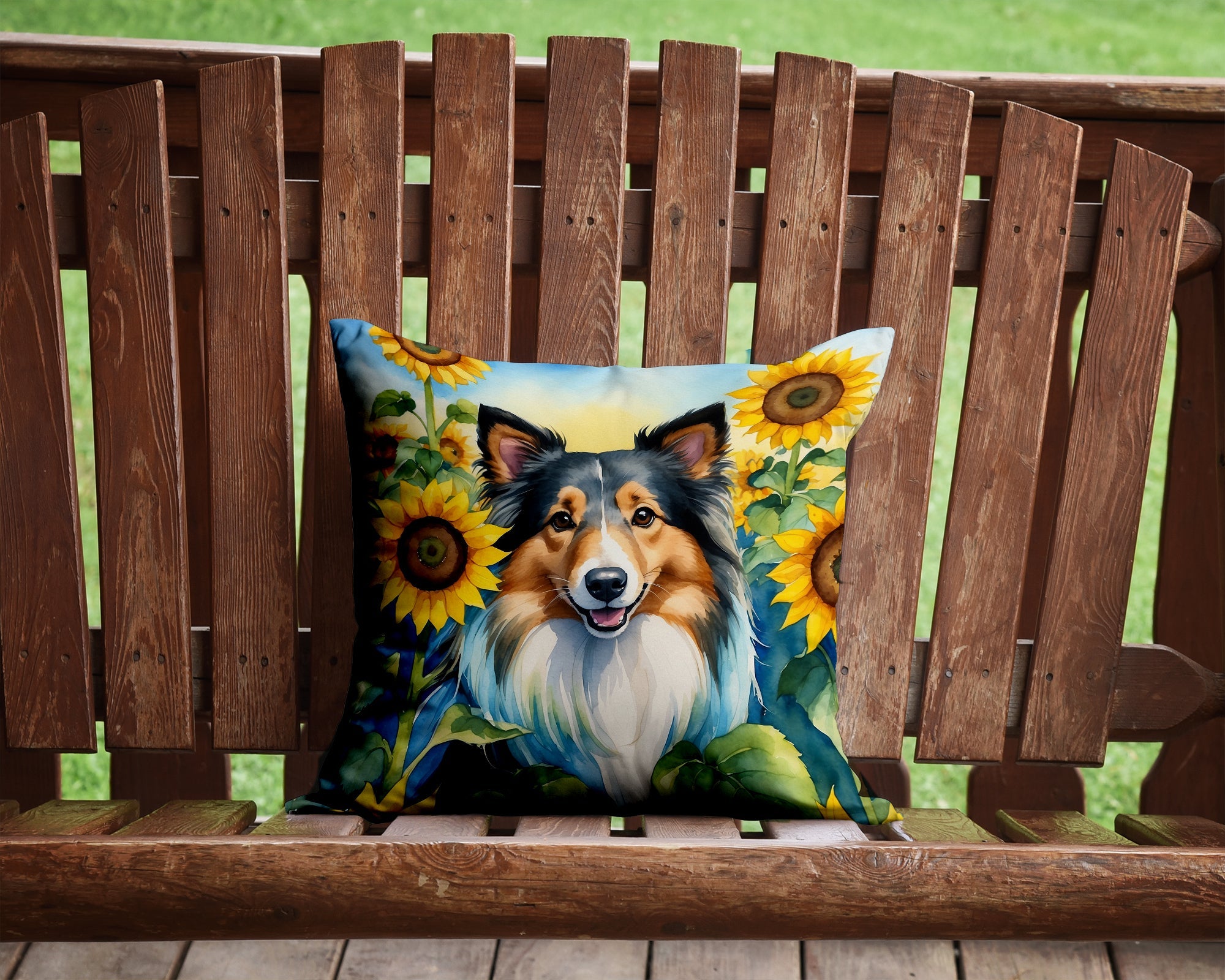 Sheltie in Sunflowers Decorative Throw Pillow 14x14 Indoor Outdoor Accent Cushion, Fabric Cover with Insert for Sofa, Bed, Porch & Living Room