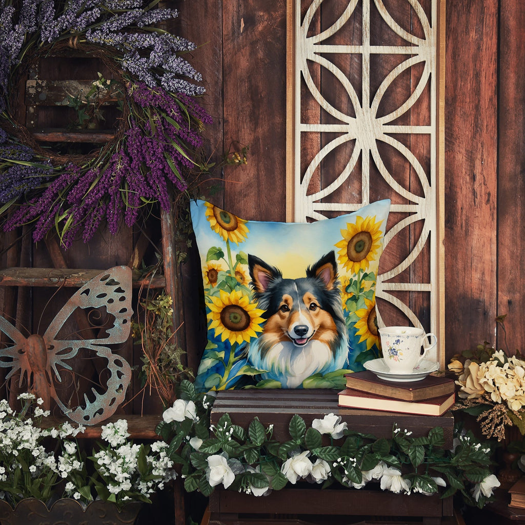 Sheltie in Sunflowers Decorative Throw Pillow 14x14 Indoor Outdoor Accent Cushion, Fabric Cover with Insert for Sofa, Bed, Porch & Living Room