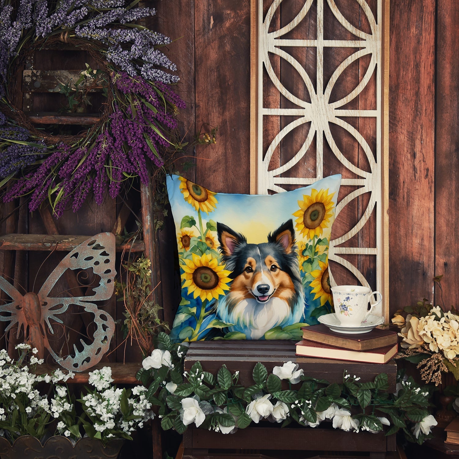 Sheltie in Sunflowers Decorative Throw Pillow 18x18 Indoor Outdoor Accent Cushion, Fabric Cover with Insert for Sofa, Bed, Porch & Living Room