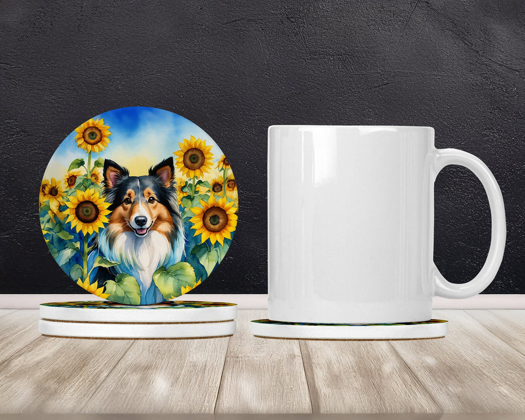 Sheltie in Sunflowers Large Sandstone Coasters Pack of 4 Absorbent Round Coasters Decor Gifts for Men or Women, 4 in, Multicolor