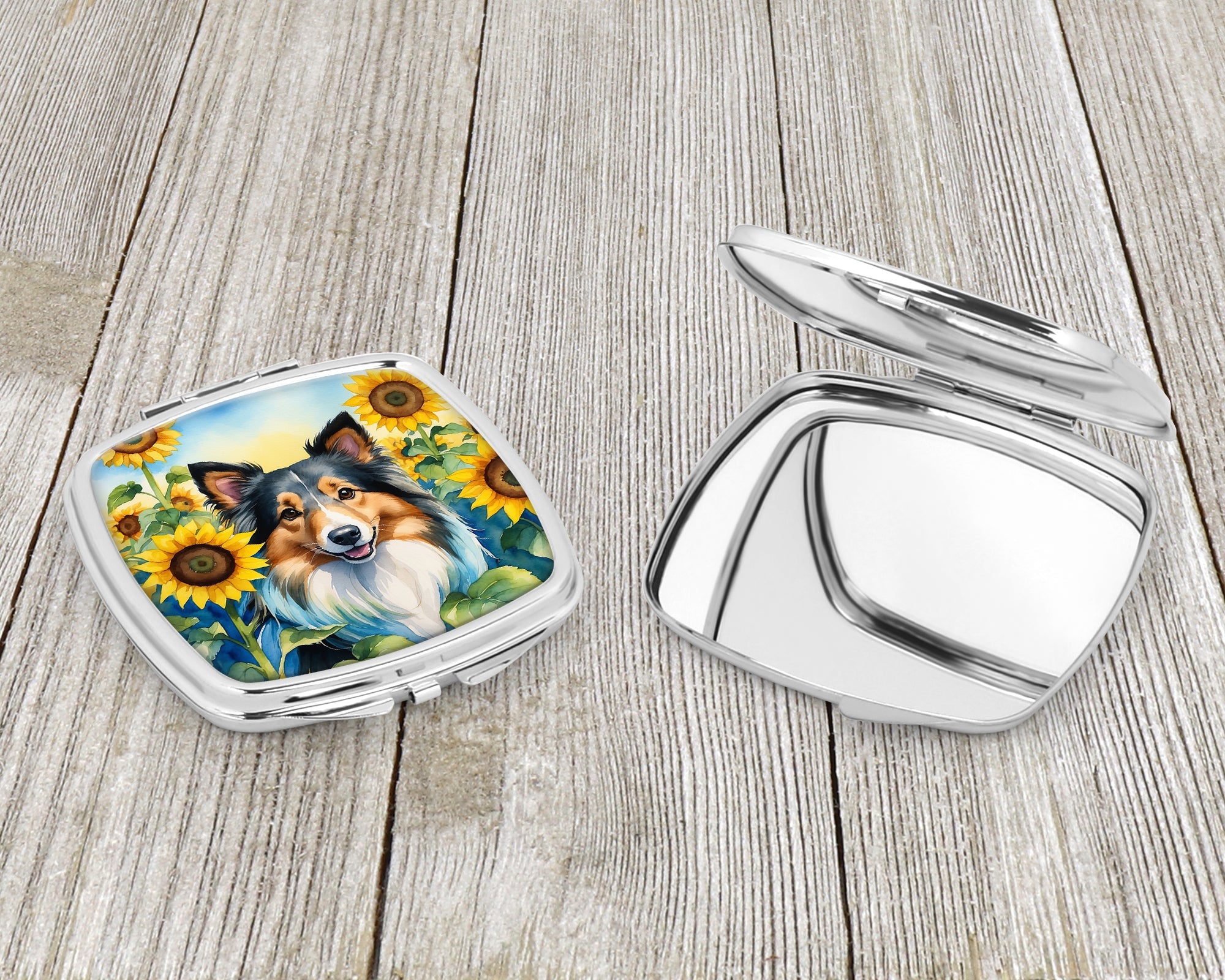 Sheltie in Sunflowers Compact Mirror Decorative Travel Makeup Mirror for Women Girls Gifts Pocket Makeup Mirror Folding Handheld
