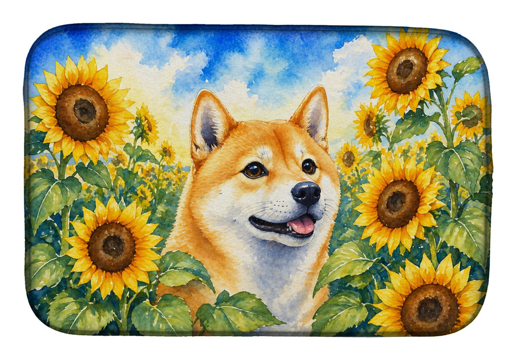Shiba Inu in Sunflowers Dish Drying Mat Absorbent Dish Drying Mat Pad for Kitchen Counter Dish Drainer Mat for Countertop, 14 x 21", Multicolor