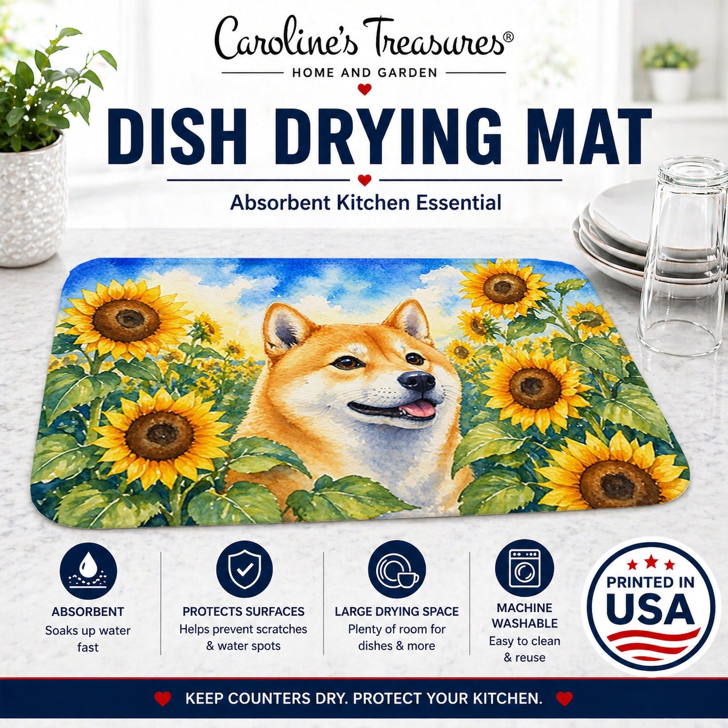 Shiba Inu in Sunflowers Dish Drying Mat Absorbent Dish Drying Mat Pad for Kitchen Counter Dish Drainer Mat for Countertop, 14 x 21", Multicolor