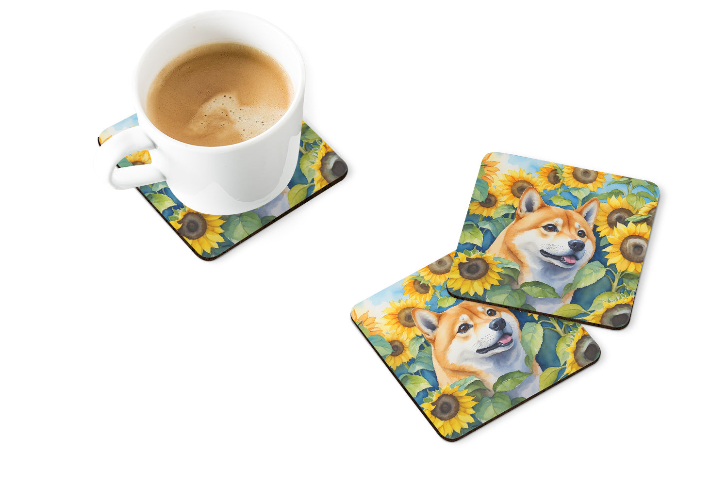Shiba Inu in Sunflowers Foam Coasters Set of 4 Cup Coasters for Indoor Outdoor, Tabletop Protection, Anti Slip, Mouse pad Material