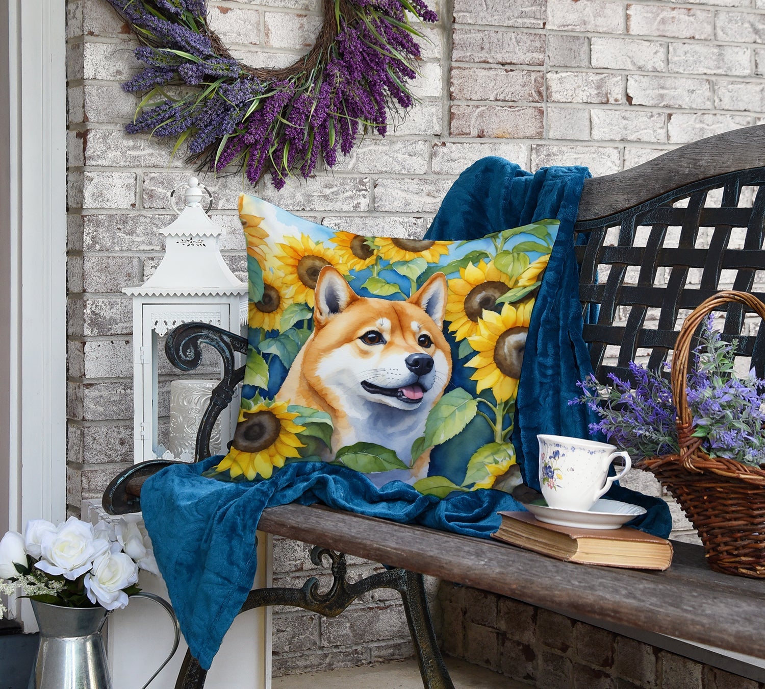 Shiba Inu in Sunflowers Decorative Throw Pillow 18x18 Indoor Outdoor Accent Cushion, Fabric Cover with Insert for Sofa, Bed, Porch & Living Room