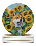 Shiba Inu in Sunflowers Large Sandstone Coasters Pack of 4 Absorbent Round Coasters Decor Gifts for Men or Women, 4 in, Multicolor