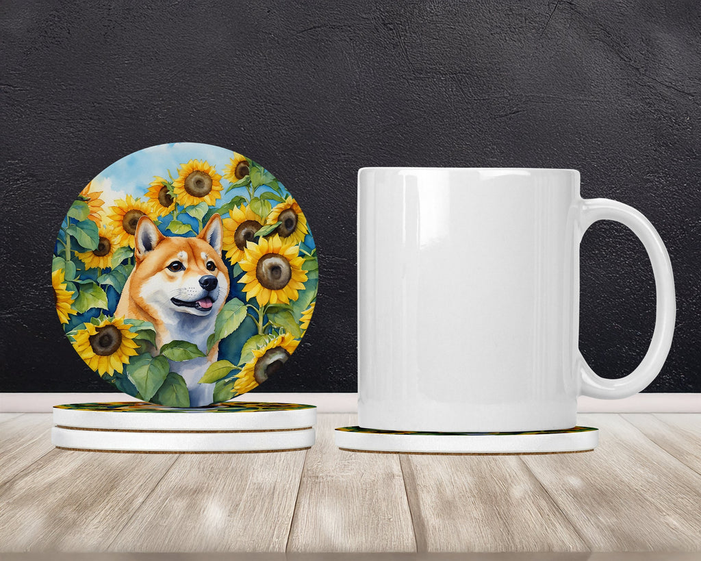 Shiba Inu in Sunflowers Large Sandstone Coasters Pack of 4 Absorbent Round Coasters Decor Gifts for Men or Women, 4 in, Multicolor