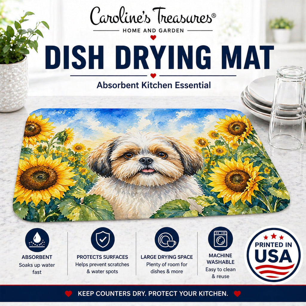 Shih Tzu in Sunflowers Dish Drying Mat Absorbent Dish Drying Mat Pad for Kitchen Counter Dish Drainer Mat for Countertop, 14 x 21", Multicolor
