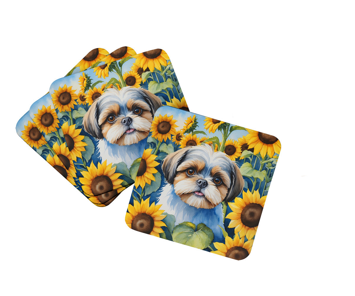 Shih Tzu in Sunflowers Foam Coasters Set of 4 Cup Coasters for Indoor Outdoor, Tabletop Protection, Anti Slip, Mouse pad Material