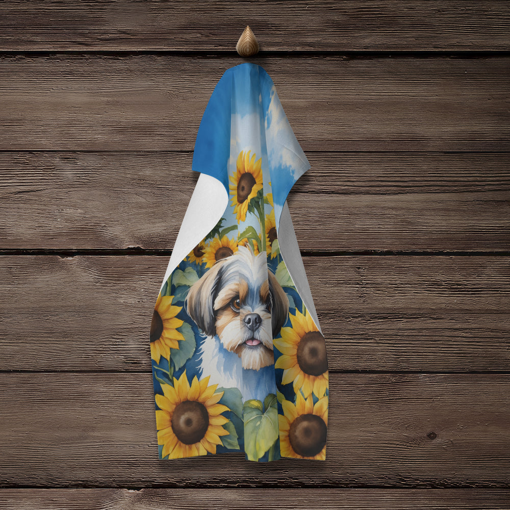 Shih Tzu in Sunflowers Kitchen Towel Velour Plush Front and Cotton Loop Back Machine Washable
