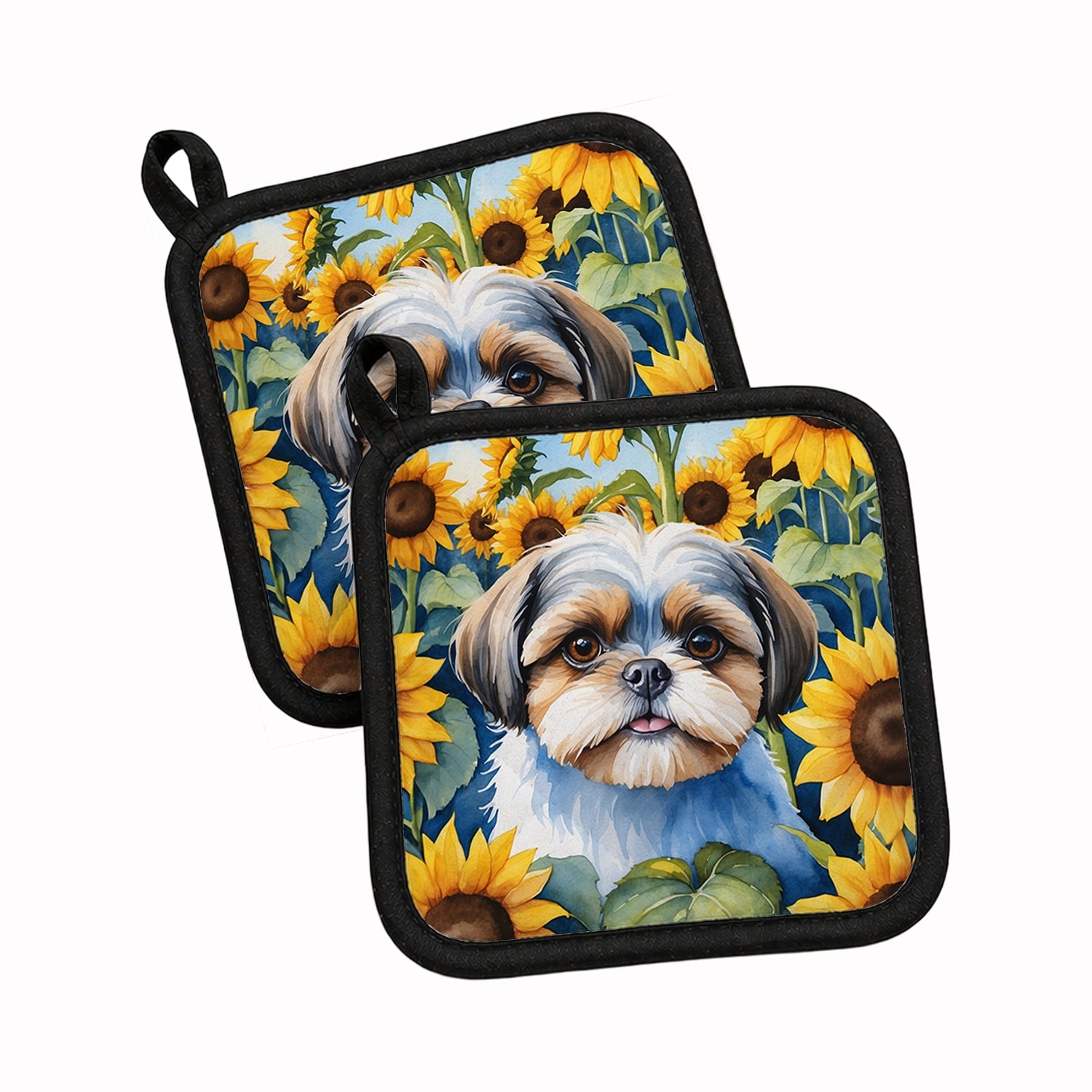 Shih Tzu in Sunflowers Pot Holder Set of 2 Heat Resistant Quilted Hot Pads 7.5 x 7.5 Inch, Insulated Kitchen Trivets for Cooking & Baking