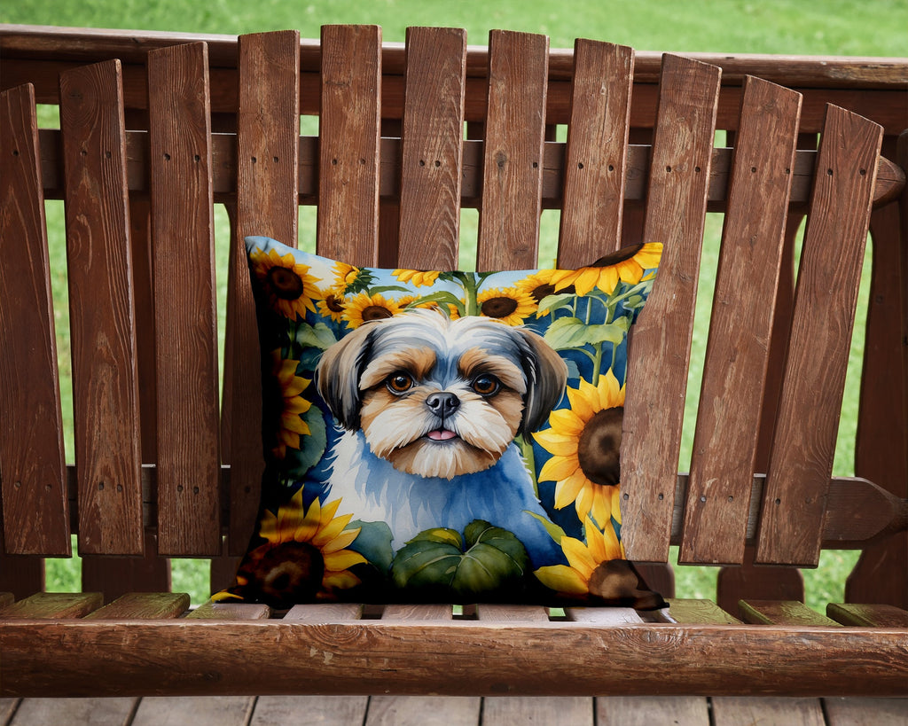 Shih Tzu in Sunflowers Decorative Throw Pillow 14x14 Indoor Outdoor Accent Cushion, Fabric Cover with Insert for Sofa, Bed, Porch & Living Room