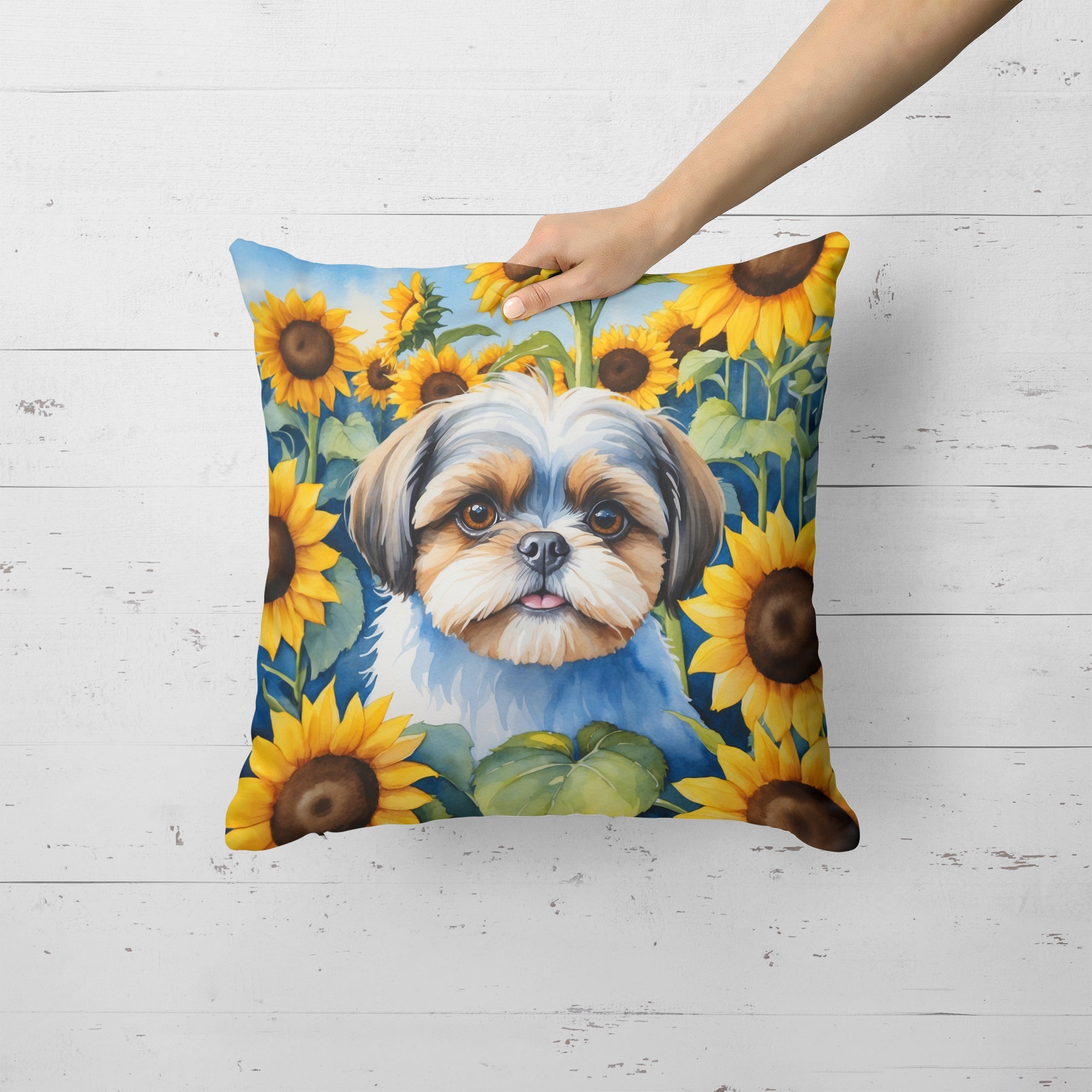 Shih Tzu in Sunflowers Decorative Throw Pillow 18x18 Indoor Outdoor Accent Cushion, Fabric Cover with Insert for Sofa, Bed, Porch & Living Room