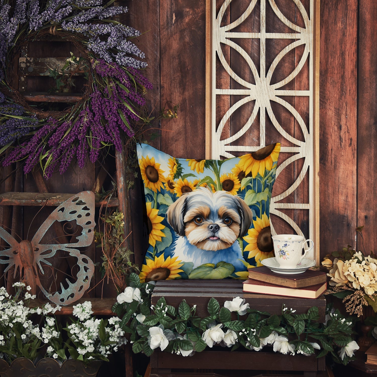 Shih Tzu in Sunflowers Decorative Throw Pillow 18x18 Indoor Outdoor Accent Cushion, Fabric Cover with Insert for Sofa, Bed, Porch & Living Room
