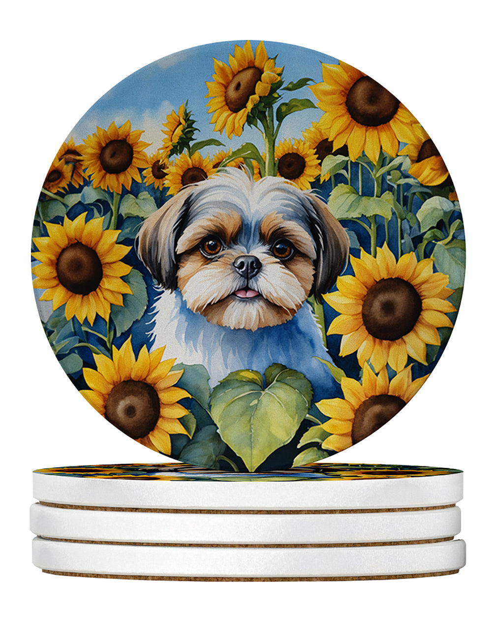 Shih Tzu in Sunflowers Large Sandstone Coasters Pack of 4 Absorbent Round Coasters Decor Gifts for Men or Women, 4 in, Multicolor