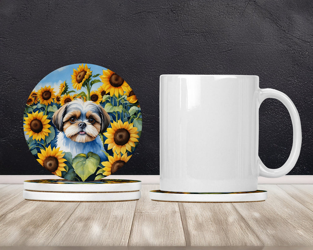 Shih Tzu in Sunflowers Large Sandstone Coasters Pack of 4 Absorbent Round Coasters Decor Gifts for Men or Women, 4 in, Multicolor