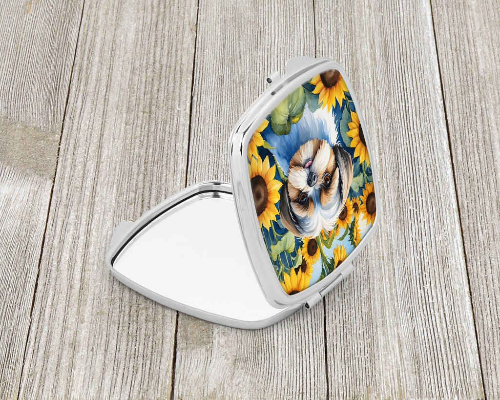 Shih Tzu in Sunflowers Compact Mirror Decorative Travel Makeup Mirror for Women Girls Gifts Pocket Makeup Mirror Folding Handheld