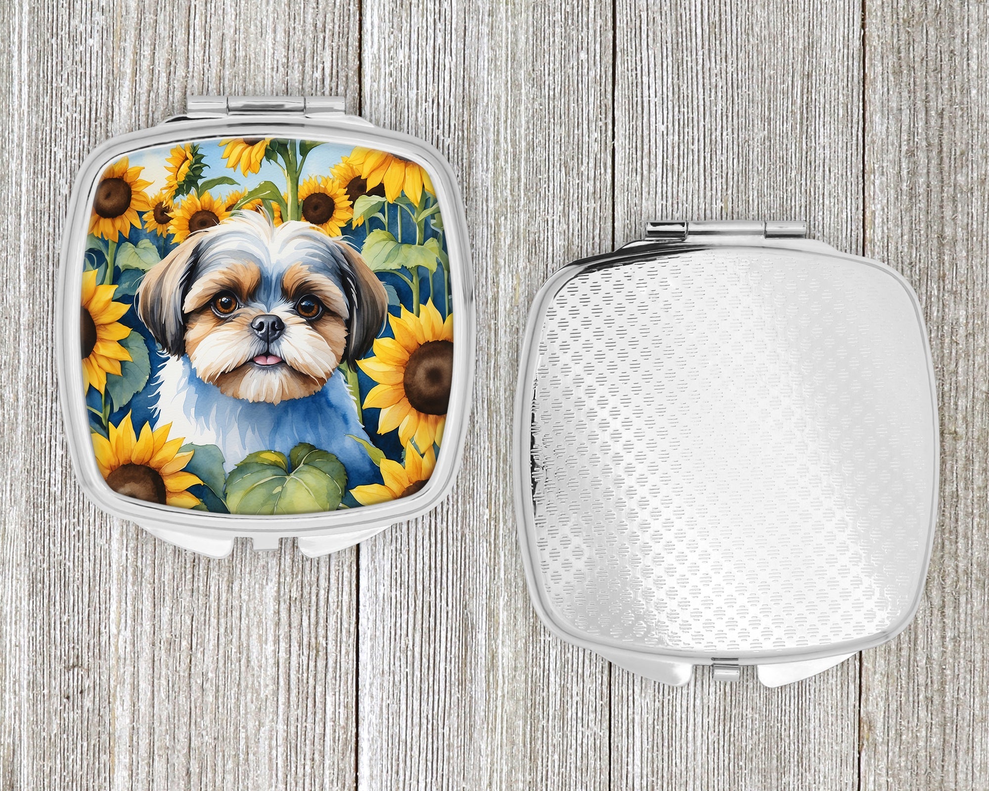 Shih Tzu in Sunflowers Compact Mirror Decorative Travel Makeup Mirror for Women Girls Gifts Pocket Makeup Mirror Folding Handheld