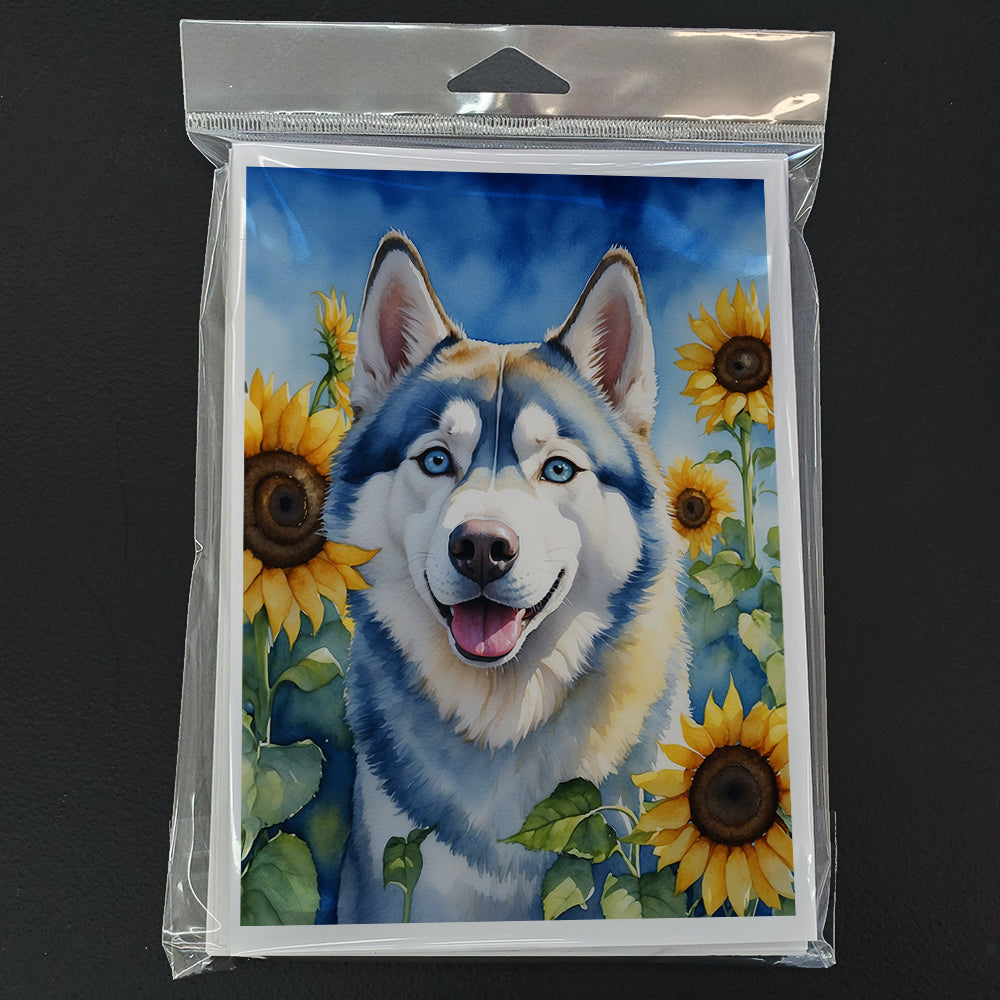 Siberian Husky in Sunflowers Greeting Cards Pack of 8 Blank Cards with Envelopes Whimsical A7 Size 5x7