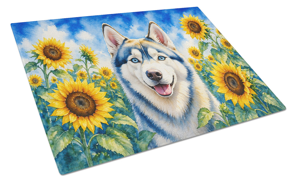 Siberian Husky in Sunflowers Cutting Board Tempered Glass Kitchen Cutting Surface, Heat Resistant Chopping Board with Non-Slip Feet, Decorative Food Prep & Serving