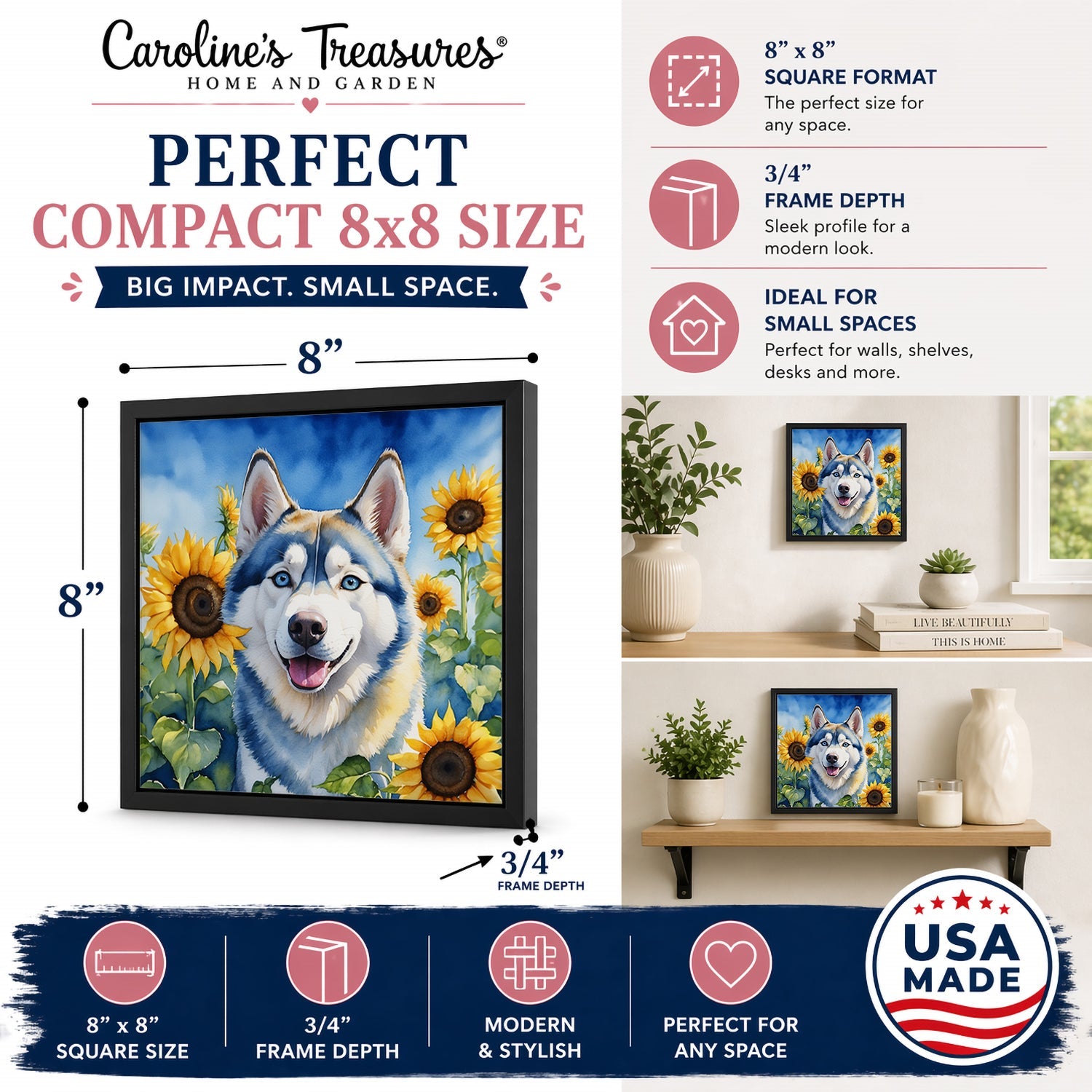 Siberian Husky in Sunflowers Framed Metal Print Bathroom, Kitchen, Office, Home Decor Wall Art Ready to Hang, Square, 8X8