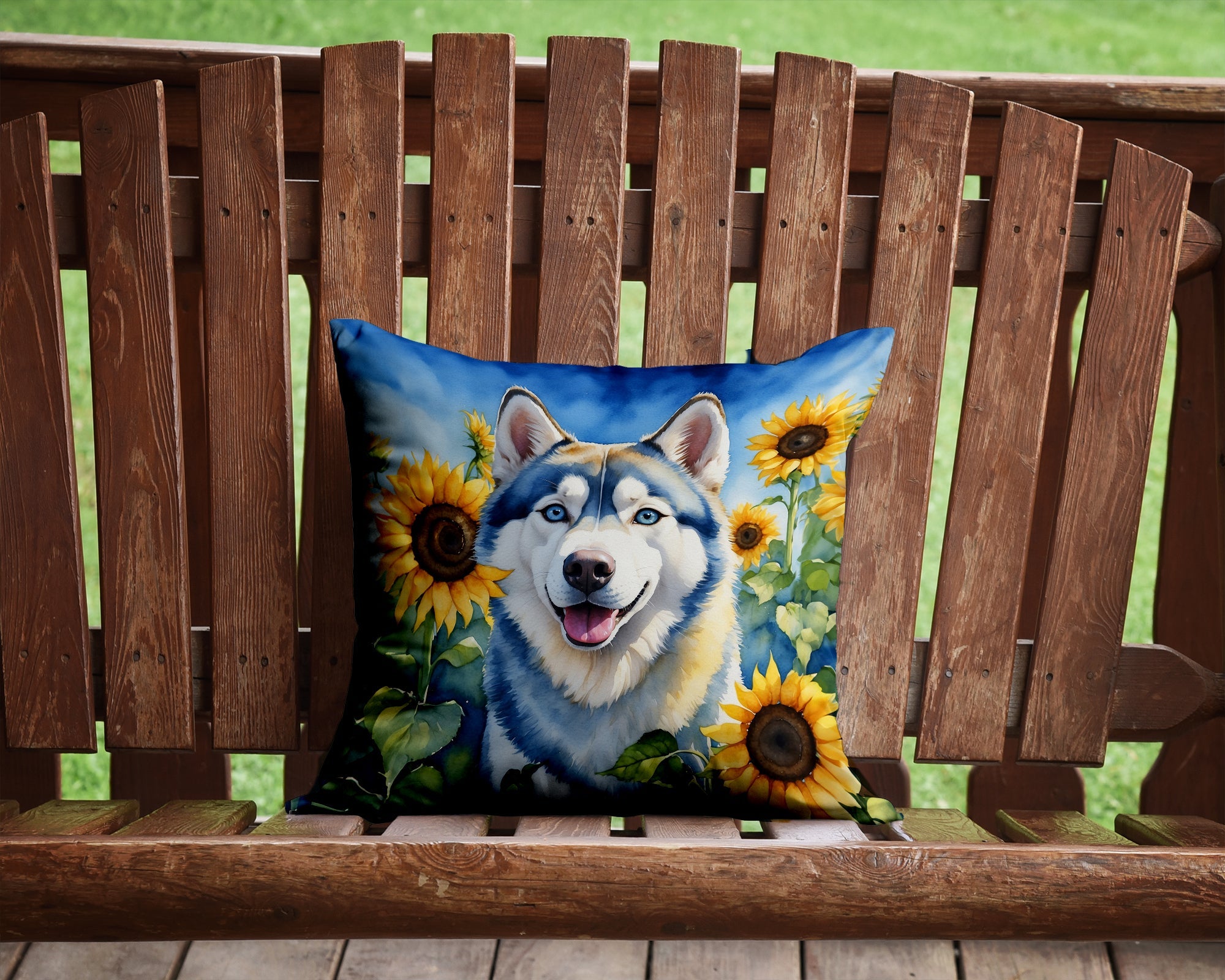 Siberian Husky in Sunflowers Decorative Throw Pillow 14x14 Indoor Outdoor Accent Cushion, Fabric Cover with Insert for Sofa, Bed, Porch & Living Room