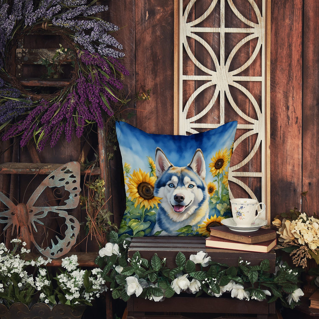 Siberian Husky in Sunflowers Decorative Throw Pillow 14x14 Indoor Outdoor Accent Cushion, Fabric Cover with Insert for Sofa, Bed, Porch & Living Room