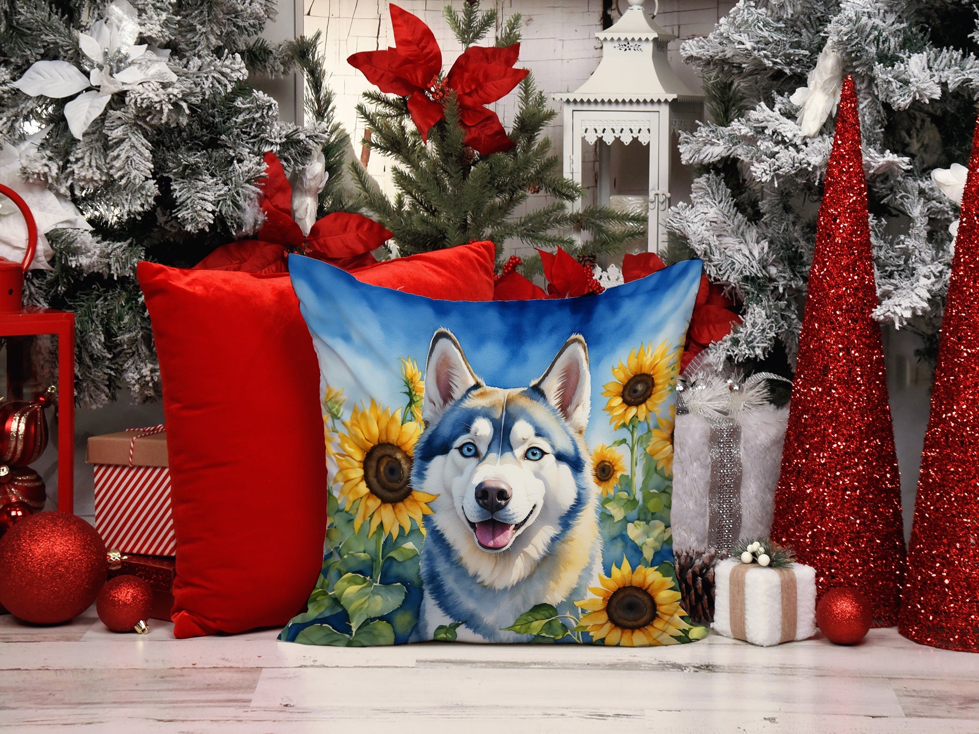 Siberian Husky in Sunflowers Decorative Throw Pillow 14x14 Indoor Outdoor Accent Cushion, Fabric Cover with Insert for Sofa, Bed, Porch & Living Room
