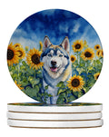Siberian Husky in Sunflowers Large Sandstone Coasters Pack of 4 Absorbent Round Coasters Decor Gifts for Men or Women, 4 in, Multicolor