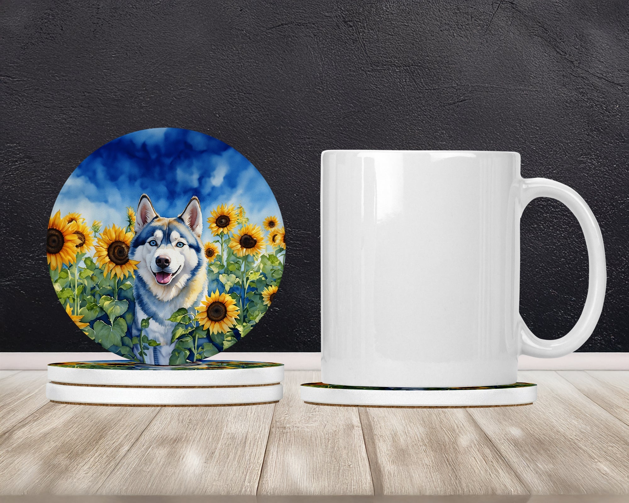 Siberian Husky in Sunflowers Large Sandstone Coasters Pack of 4 Absorbent Round Coasters Decor Gifts for Men or Women, 4 in, Multicolor