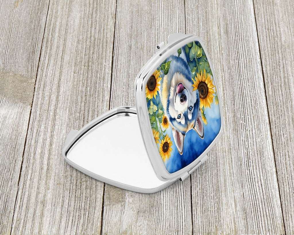 Siberian Husky in Sunflowers Compact Mirror Decorative Travel Makeup Mirror for Women Girls Gifts Pocket Makeup Mirror Folding Handheld