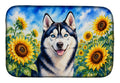 Siberian Husky in Sunflowers Dish Drying Mat Absorbent Dish Drying Mat Pad for Kitchen Counter Dish Drainer Mat for Countertop, 14 x 21", Multicolor
