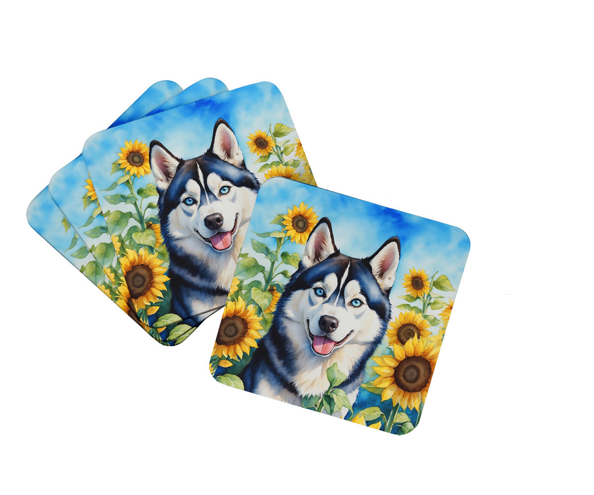 Siberian Husky in Sunflowers Foam Coasters Set of 4 Cup Coasters for Indoor Outdoor, Tabletop Protection, Anti Slip, Mouse pad Material