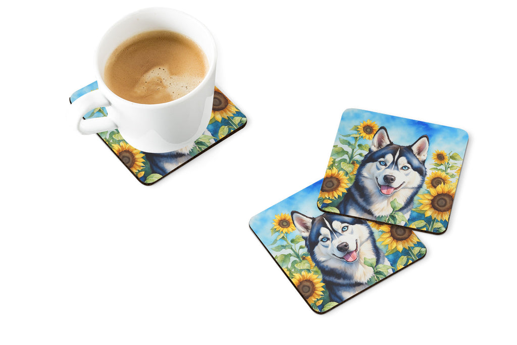 Siberian Husky in Sunflowers Foam Coasters Set of 4 Cup Coasters for Indoor Outdoor, Tabletop Protection, Anti Slip, Mouse pad Material