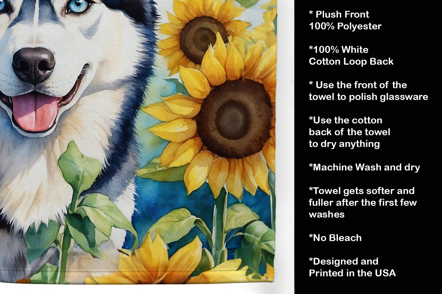 Siberian Husky in Sunflowers Kitchen Towel Velour Plush Front and Cotton Loop Back Machine Washable