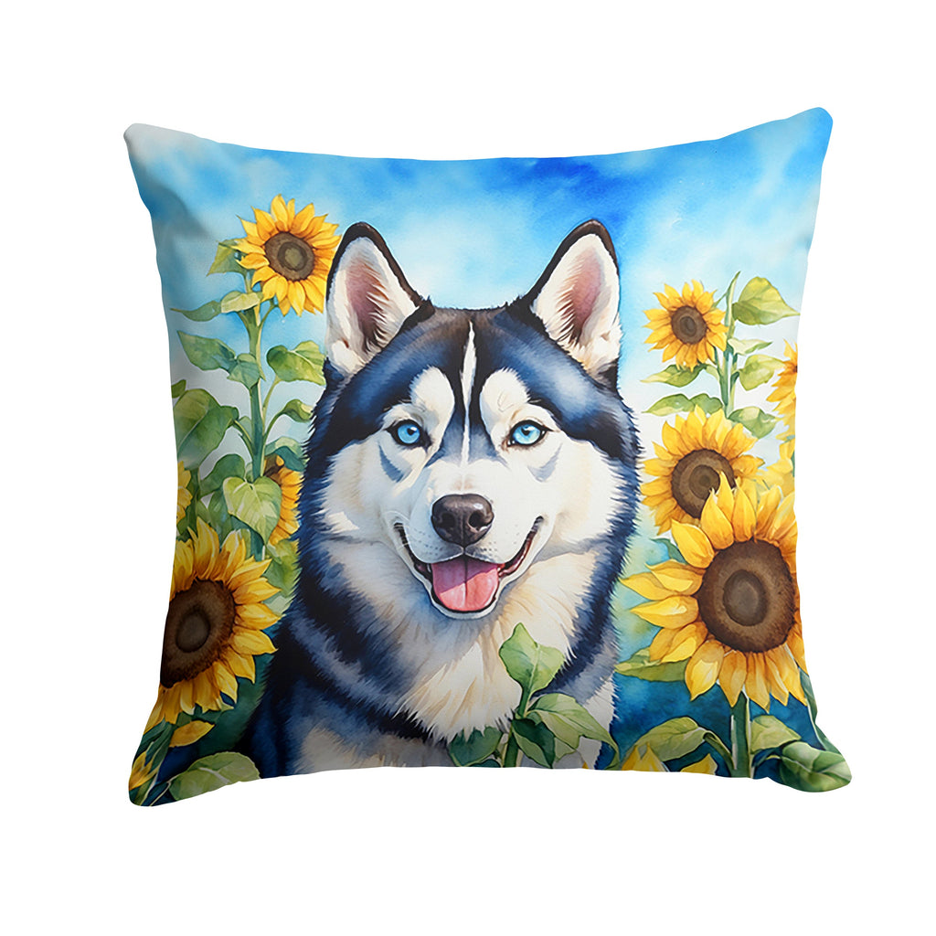 Siberian Husky in Sunflowers Decorative Throw Pillow 14x14 Indoor Outdoor Accent Cushion, Fabric Cover with Insert for Sofa, Bed, Porch & Living Room