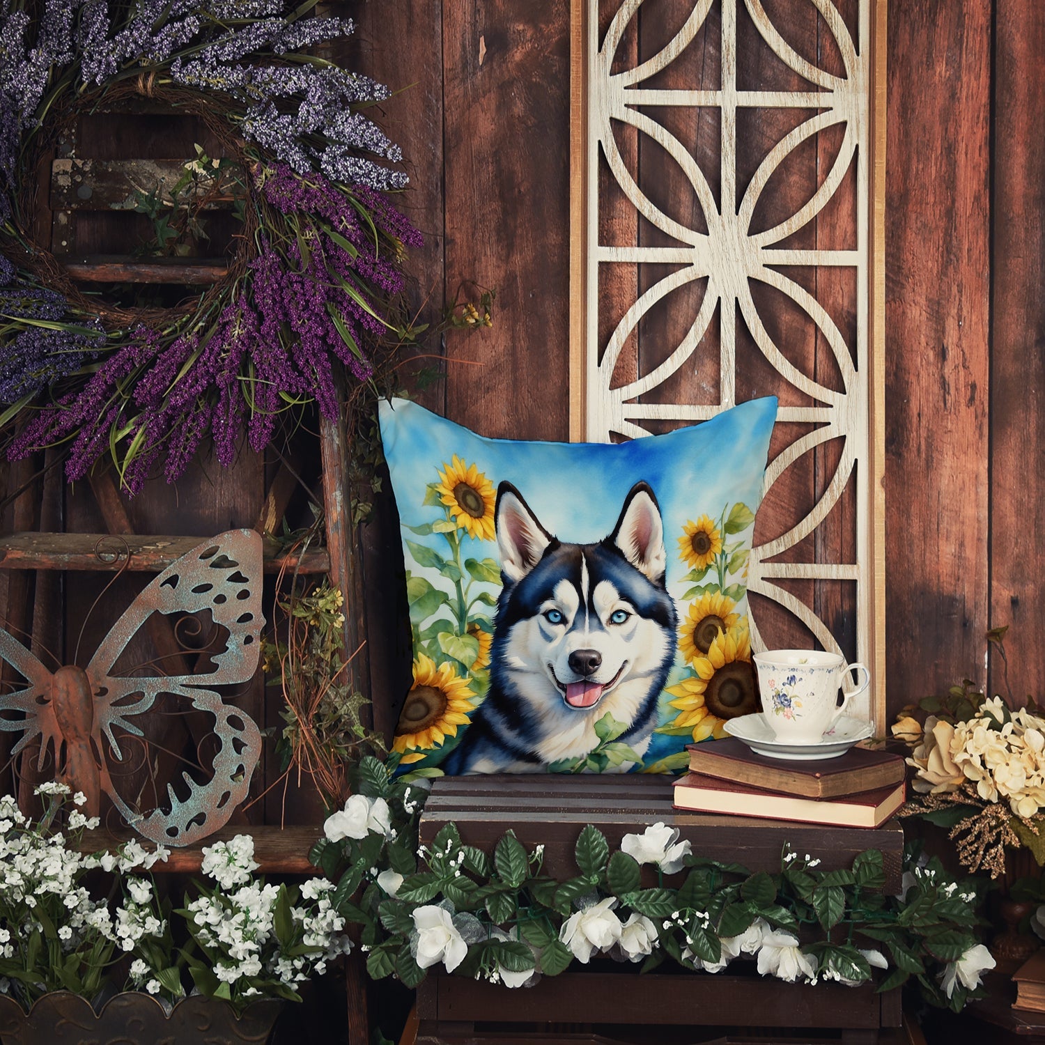 Siberian Husky in Sunflowers Decorative Throw Pillow 14x14 Indoor Outdoor Accent Cushion, Fabric Cover with Insert for Sofa, Bed, Porch & Living Room