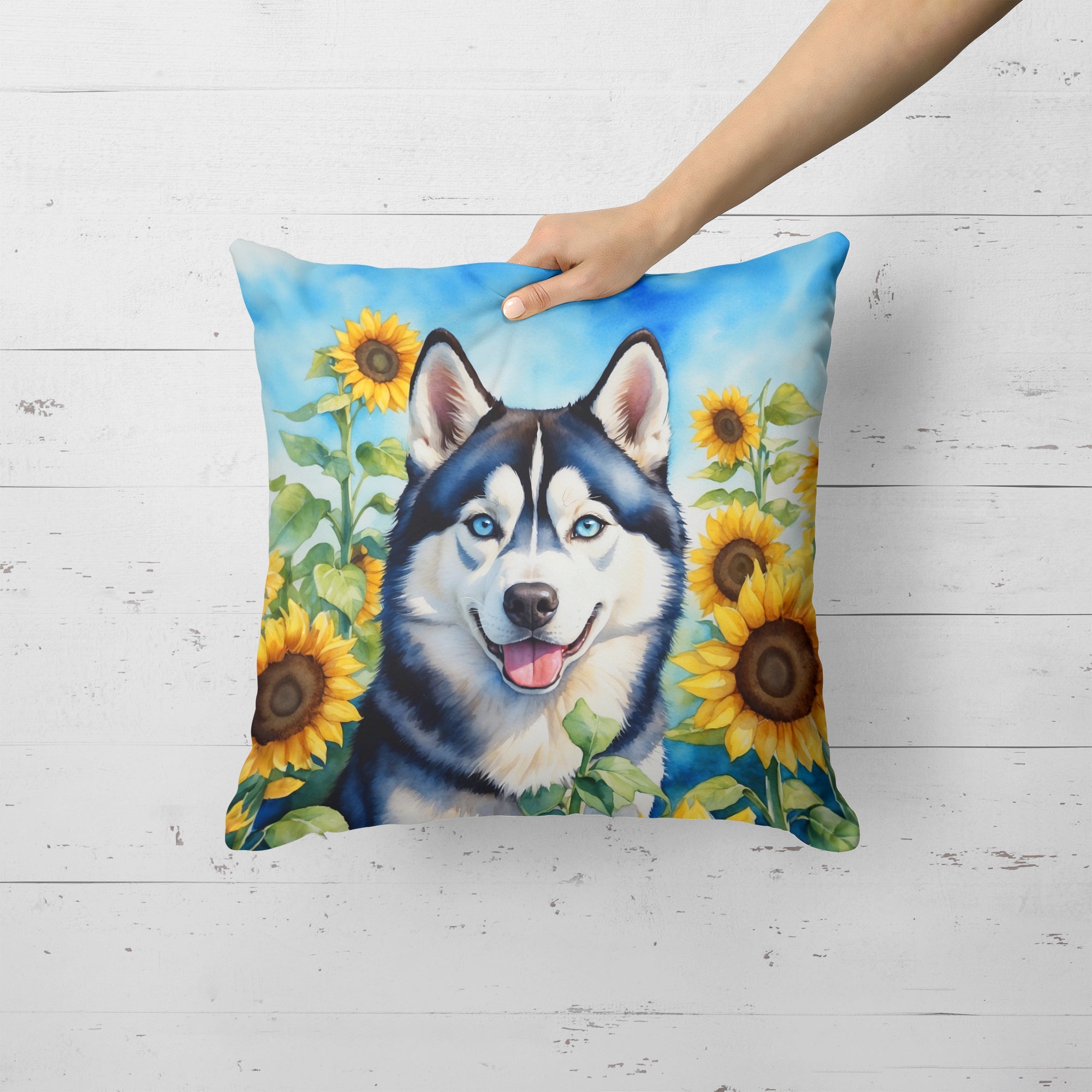 Siberian Husky in Sunflowers Decorative Throw Pillow 18x18 Indoor Outdoor Accent Cushion, Fabric Cover with Insert for Sofa, Bed, Porch & Living Room