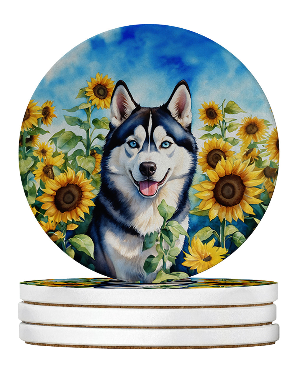 Siberian Husky in Sunflowers Large Sandstone Coasters Pack of 4 Absorbent Round Coasters Decor Gifts for Men or Women, 4 in, Multicolor