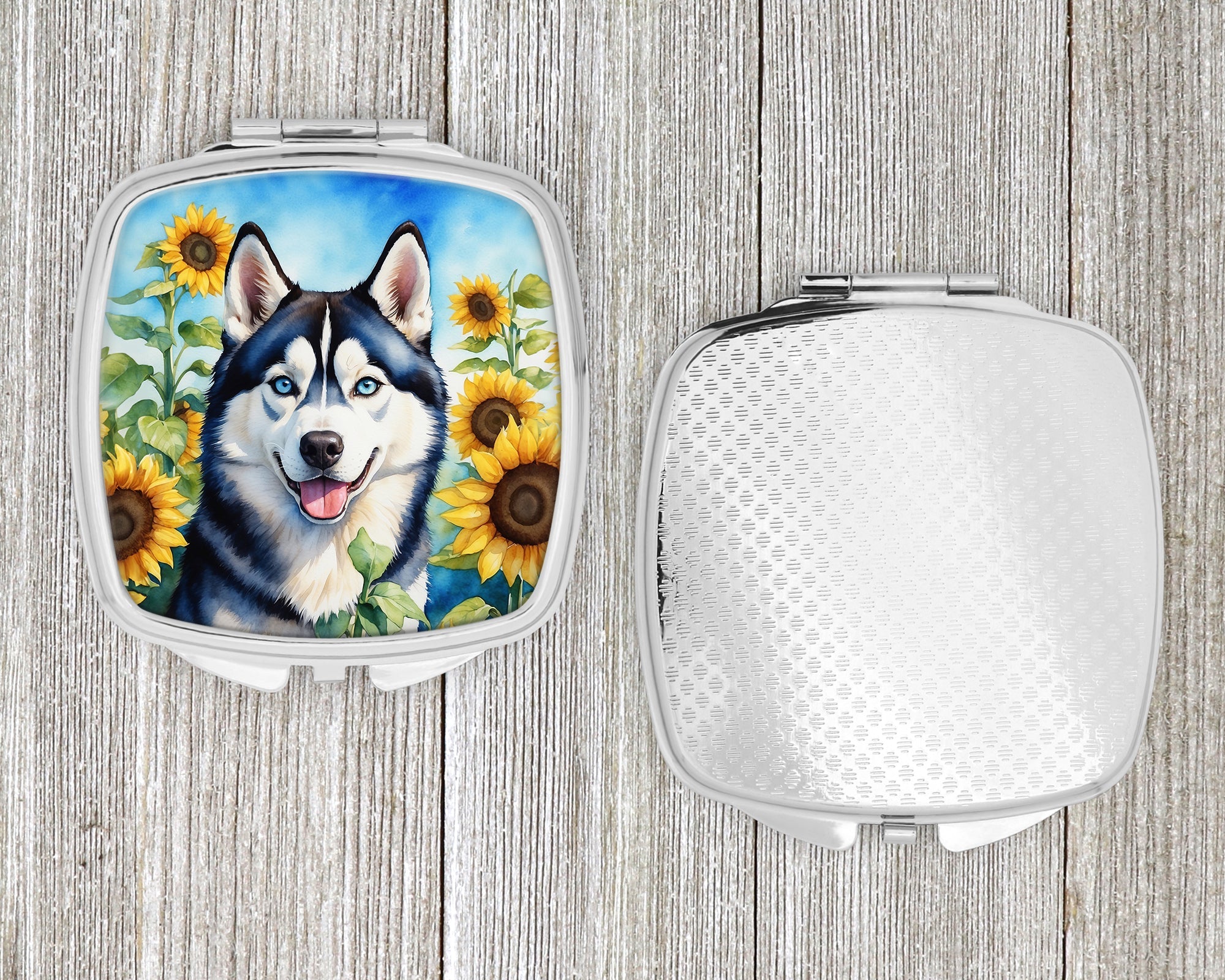 Siberian Husky in Sunflowers Compact Mirror Decorative Travel Makeup Mirror for Women Girls Gifts Pocket Makeup Mirror Folding Handheld