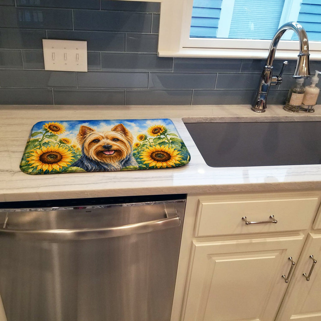 Silky Terrier in Sunflowers Dish Drying Mat Absorbent Dish Drying Mat Pad for Kitchen Counter Dish Drainer Mat for Countertop, 14 x 21", Multicolor