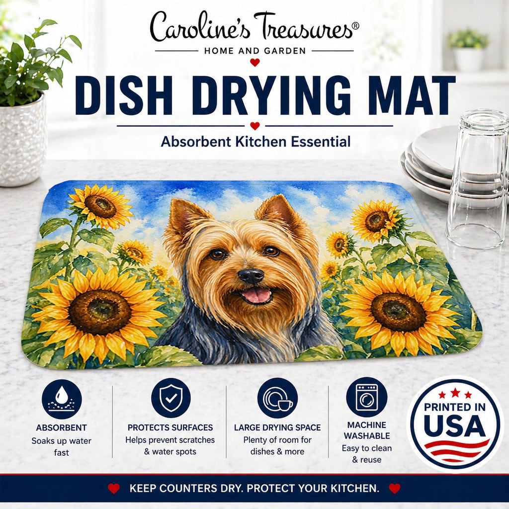 Silky Terrier in Sunflowers Dish Drying Mat Absorbent Dish Drying Mat Pad for Kitchen Counter Dish Drainer Mat for Countertop, 14 x 21", Multicolor