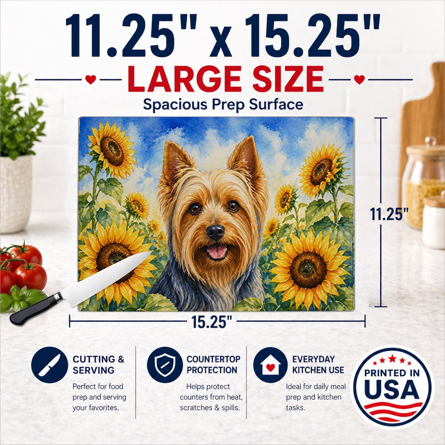 Silky Terrier in Sunflowers Cutting Board Tempered Glass Kitchen Cutting Surface, Heat Resistant Chopping Board with Non-Slip Feet, Decorative Food Prep & Serving