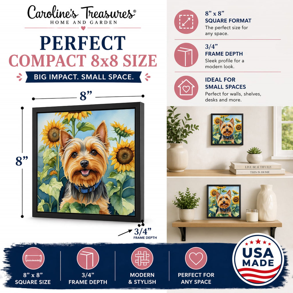 Silky Terrier in Sunflowers Framed Metal Print Bathroom, Kitchen, Office, Home Decor Wall Art Ready to Hang, Square, 8X8