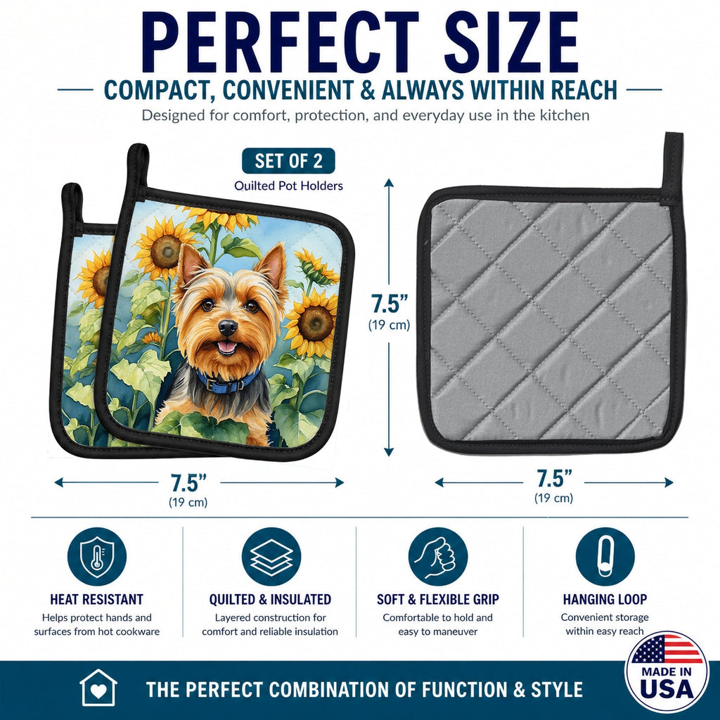 Silky Terrier in Sunflowers Pot Holder Set of 2 Heat Resistant Quilted Hot Pads 7.5 x 7.5 Inch, Insulated Kitchen Trivets for Cooking & Baking