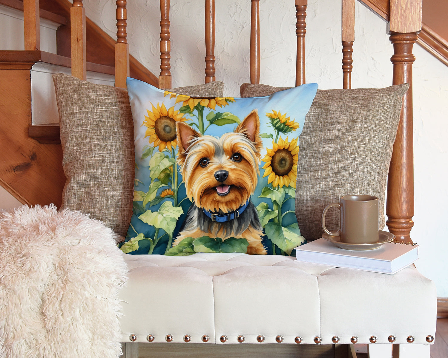 Silky Terrier in Sunflowers Decorative Throw Pillow 14x14 Indoor Outdoor Accent Cushion, Fabric Cover with Insert for Sofa, Bed, Porch & Living Room
